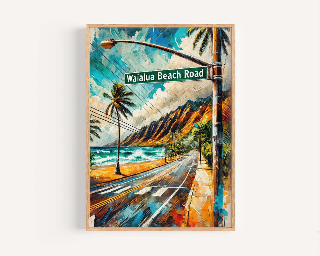 Waialua Beach Road Wall Art Print - Hawaii Travel Poster, Honolulu Gift, Housewarming Decor, Tropical Beach Road Illustration, Waialua Art