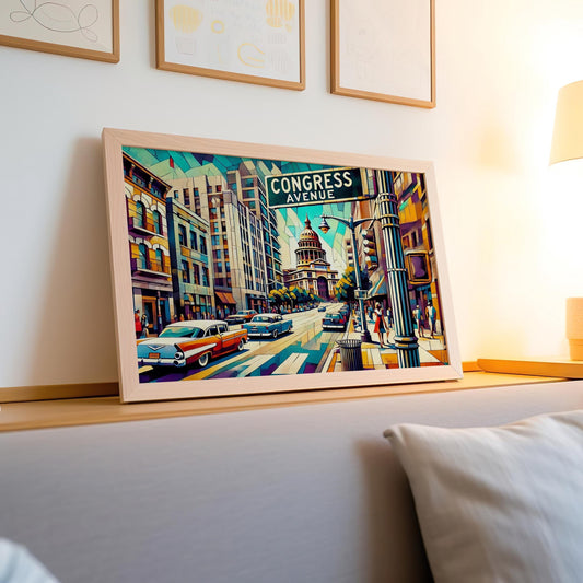 Congress Avenue Wall Art Cubism Print - Austin Texas Travel Poster, Housewarming Gift, Modern Geometric Decor