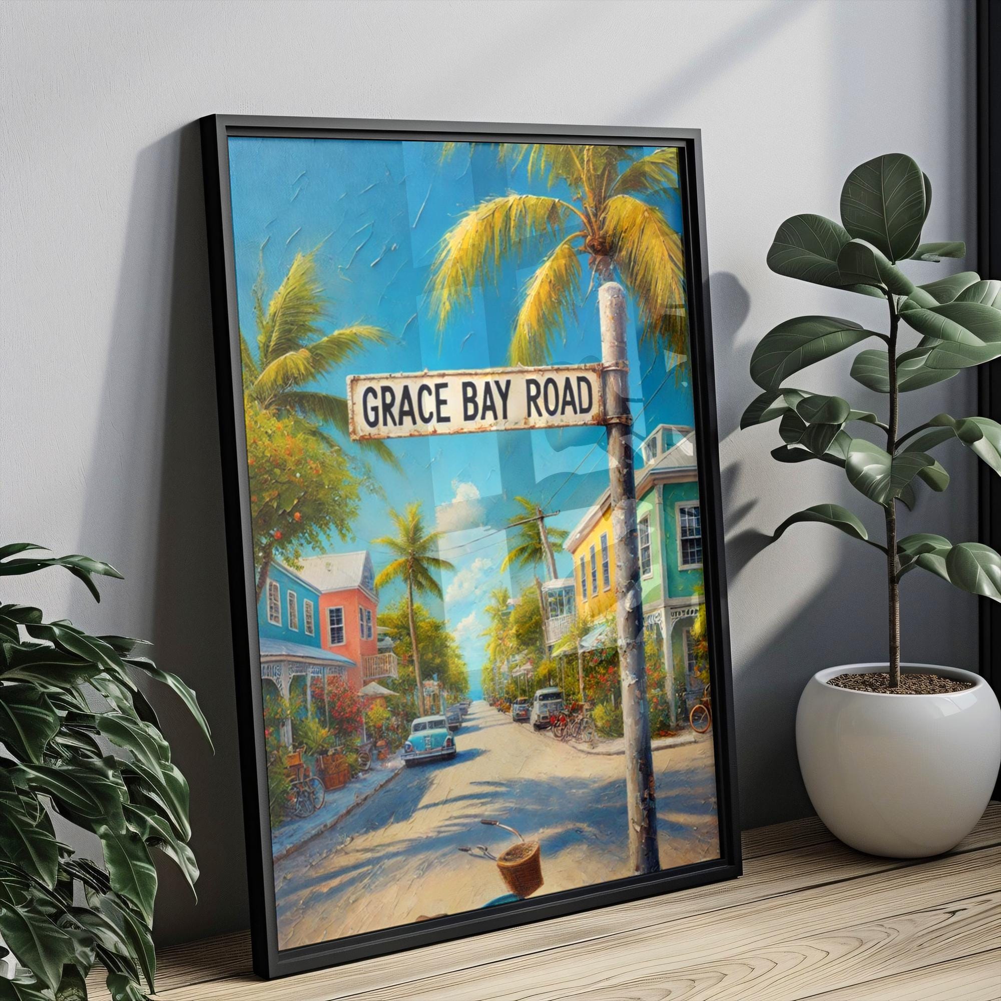 Grace Bay Road Oil Painting Art Print: Turks and Caicos Street Sign Travel Poster