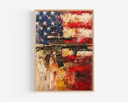 Vintage Gun Abstract USA Wall Art – Patriotic United States Poster for Home Decor, American Independence Wall Decor
