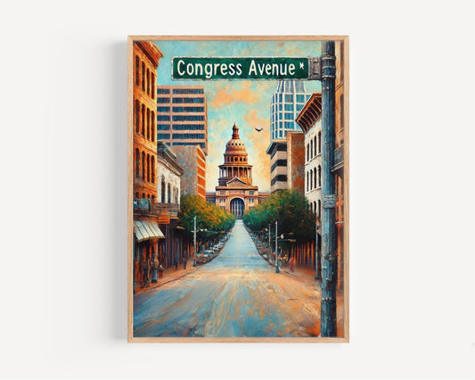 Austin Congress Ave Wall Art Print - Travel Poster Texas Decor, Austin Gift, Housewarming & Souvenir Travel Art