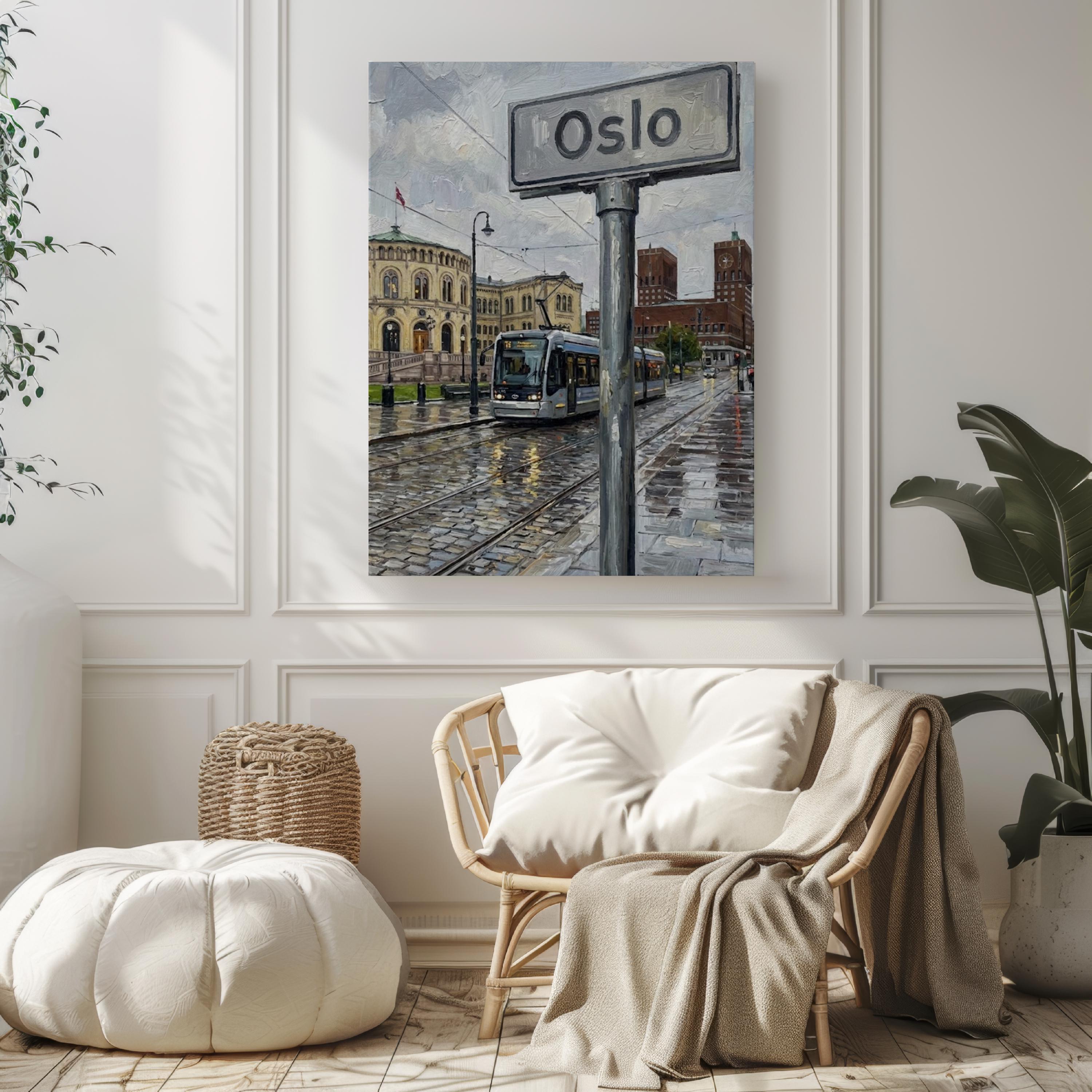 Oslo Oil Painting Art Print: Norway City Street Sign Travel Poster