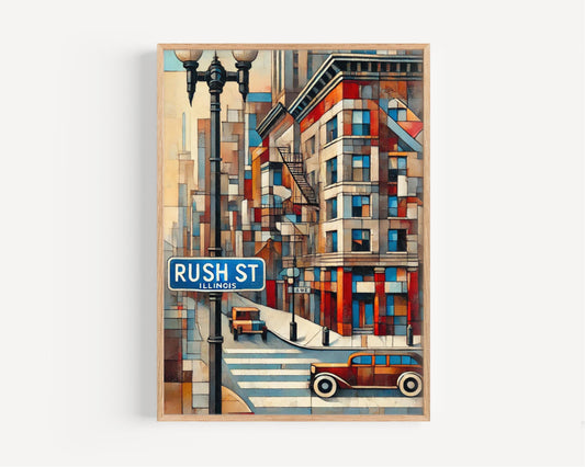 Rush Street Wall Art Chicago Print Illinois Art Cityscape Travel Poster Modern Home Decor Gift