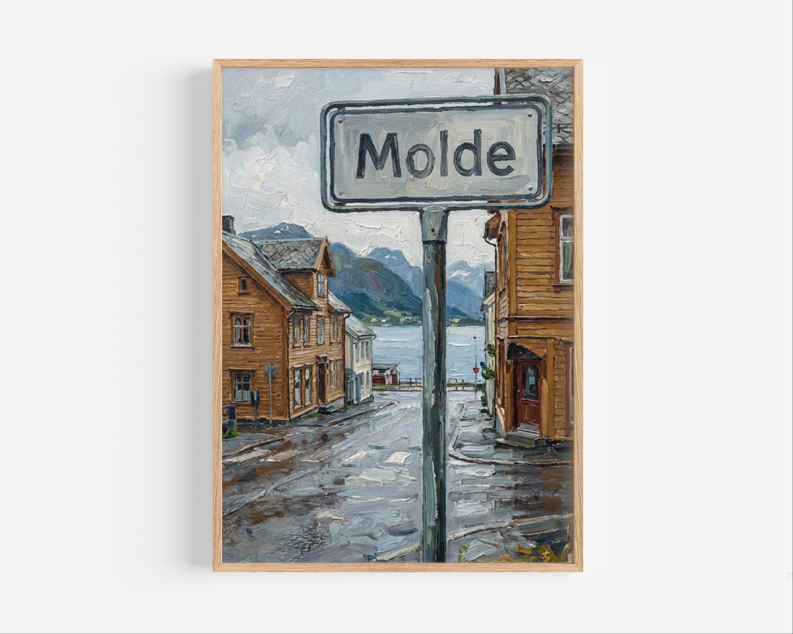 Molde Oil Painting Art Print: Norway Fjord Street Sign Travel Poster