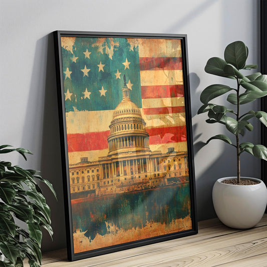 American Capitol Wall Art | Abstract USA Patriotic Poster | United States Independence Home Decor | Modern American Flag Artwork