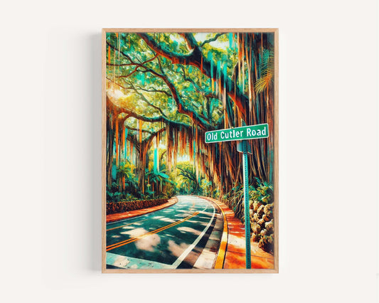Old Cutler Road Wall Art Print - Coral Gables Travel Poster, Florida Art, Miami Home Decor, Housewarming Gift, Vintage Style Map Artwork
