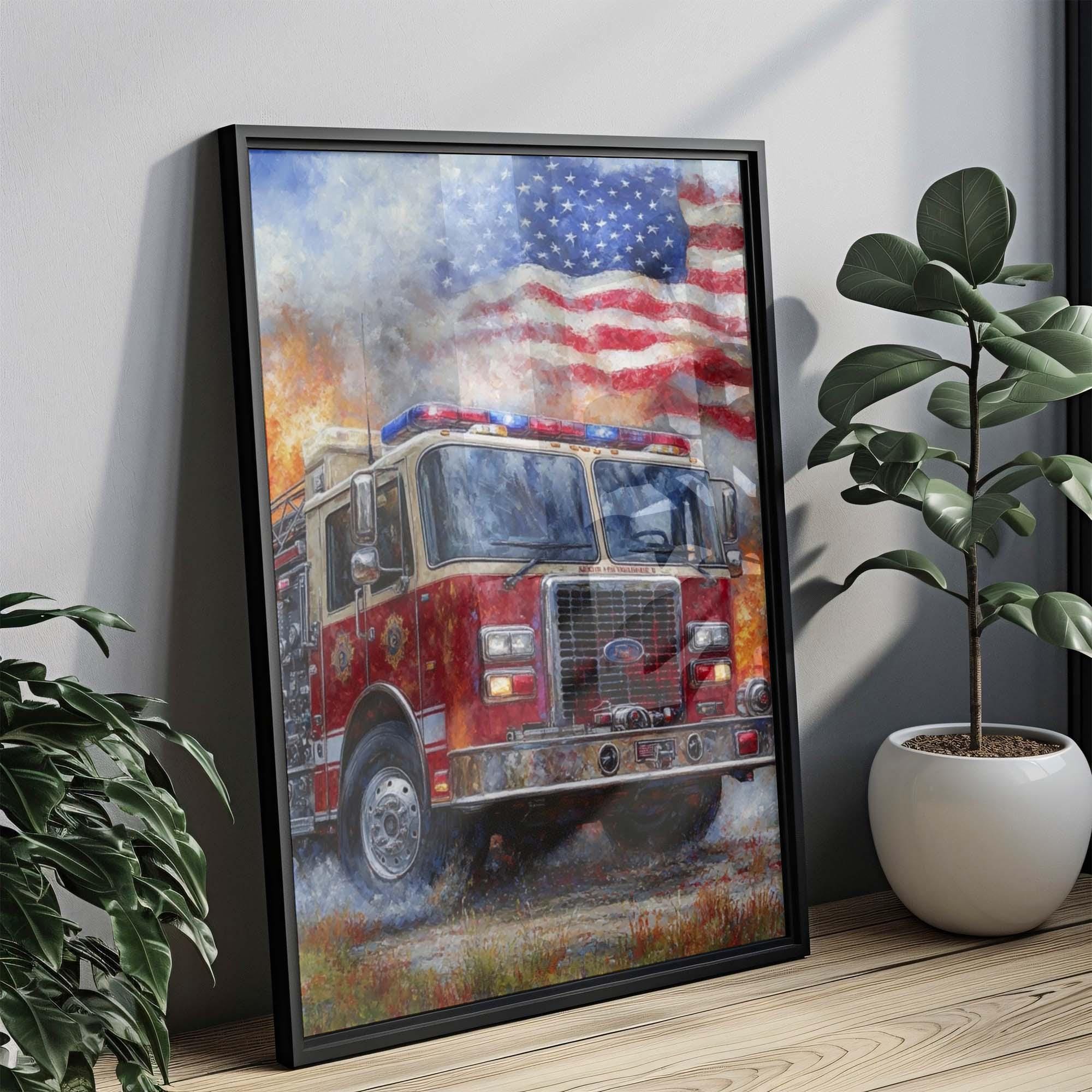 American Firetruck Wall Art Patriotic - USA