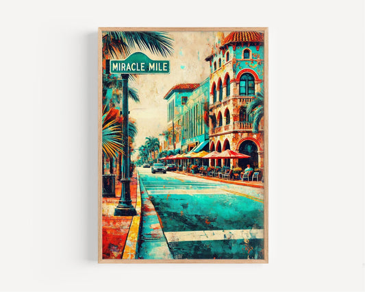 Coral Gables Wall Art Miracle Mile Print - Florida Travel Poster, Beach Decor & Housewarming Gift