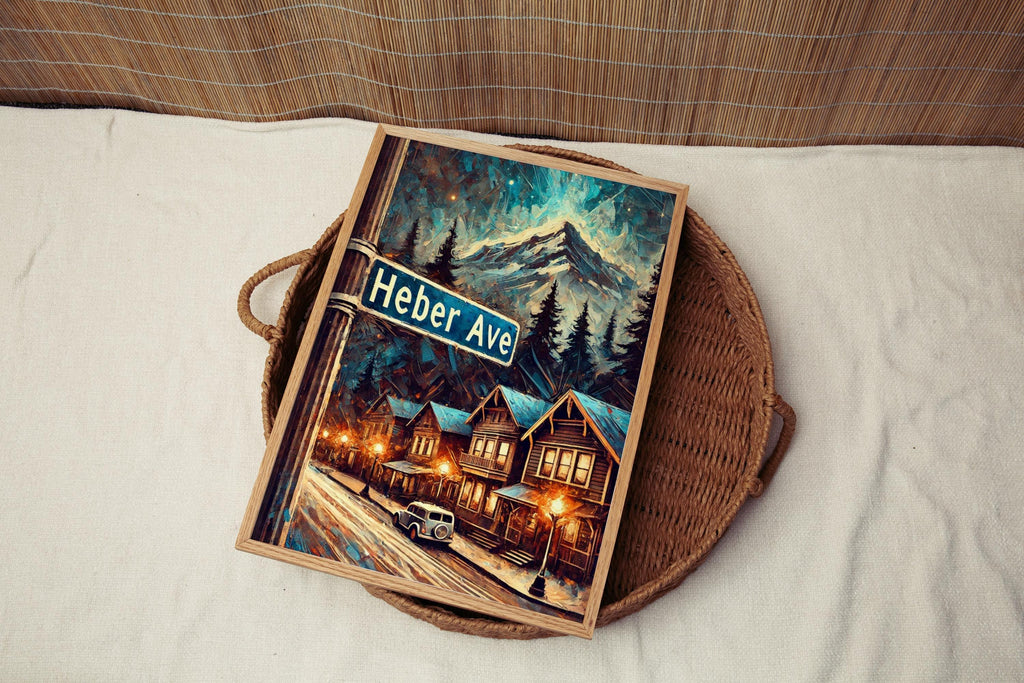 Heber Ave Oil Painting Art Print: Park City Utah Street Sign Travel Poster