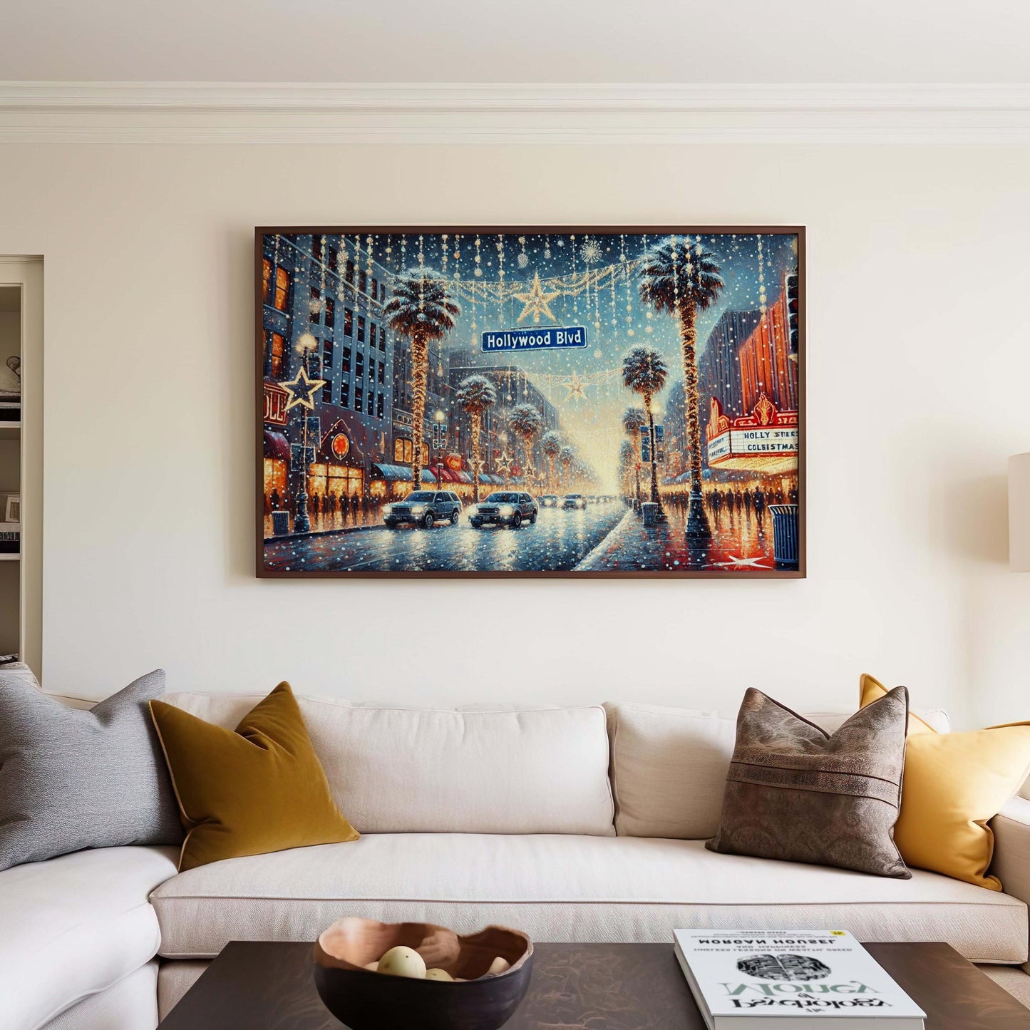 Hollywood Boulevard Christmas Art Print – LA Holiday Wall Decor, Winter Palm Street Scene