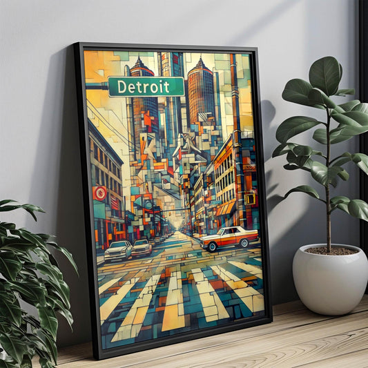 Michigan Detroit Wall Art Print - Modern Cityscape Travel Poster & USA Souvenir, Michigan Gift, Housewarming Decor