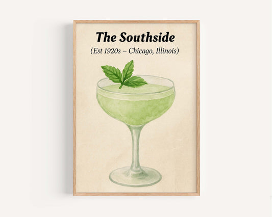 Southside Cocktail Print: Vintage Bar Decor, Gift for Bartender