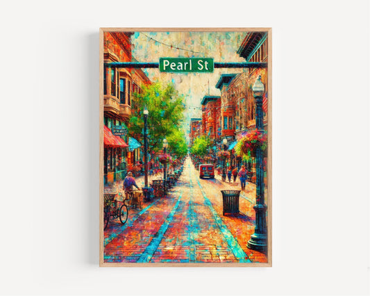 Boulder Pearl St Wall Art Print - Colorado Travel Poster & Housewarming Gift, Boulder Art Decor, Pearl Street Cityscape Illustration