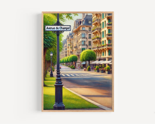 Avenue de Champel Wall Art Print - Geneva Travel Poster, Switzerland Gift, Housewarming Decor, Elegant Cityscape Illustration