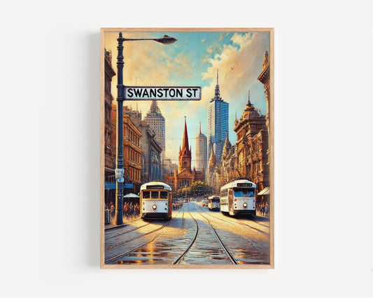 Melbourne Swanston St Wall Art, Travel Poster Print, Australia Gift & Housewarming Home Decor, Melbourne Cityscape Artwork
