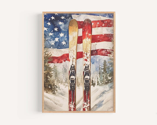 USA Skiing Wall Art Patriotic Winter Decor | American Independence Poster | United States Home Decoration | Ski Sports Artwork USA Flag