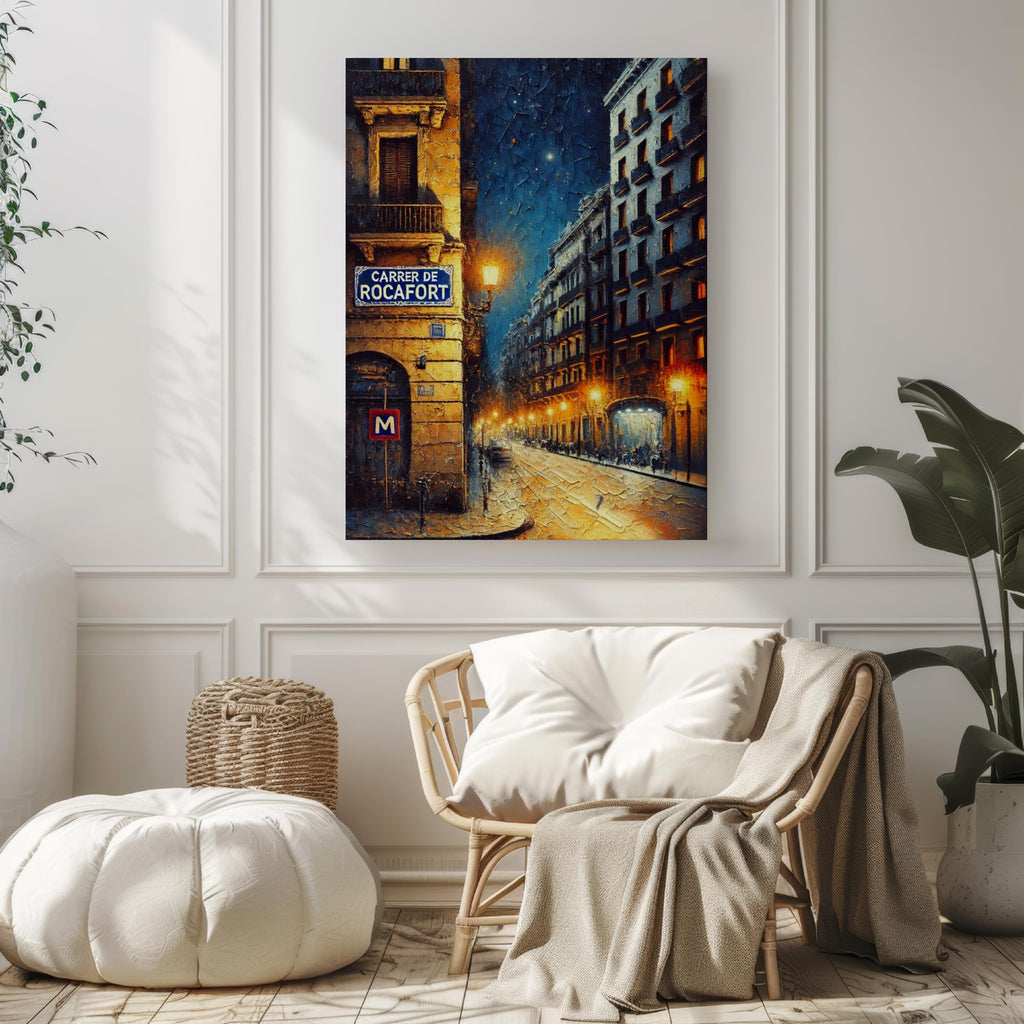 Carrer de Rocafort Oil Painting Art Print: Barcelona Spain Street Sign Travel Poster