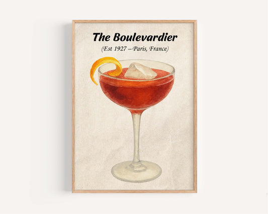 Boulevardier Cocktail Artwork, Whiskey and Negroni Style Print, Vintage Decor, Campari Poster, Home Bar Wall Art, Bitter Drink Illustration