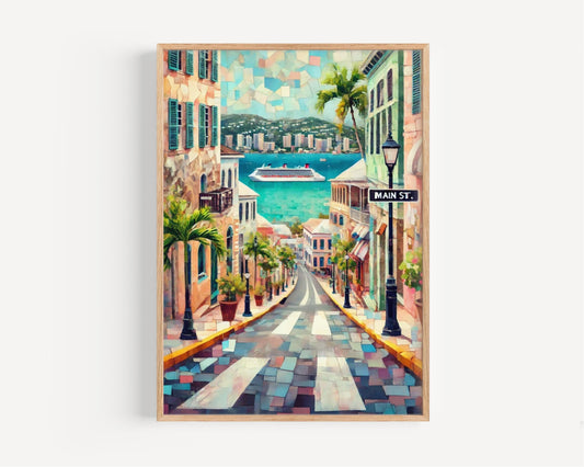 Caribbean Main St Wall Art - St Thomas Travel Print, Housewarming Gift, Caribbean Souvenir Poster, Tropical Island Decor