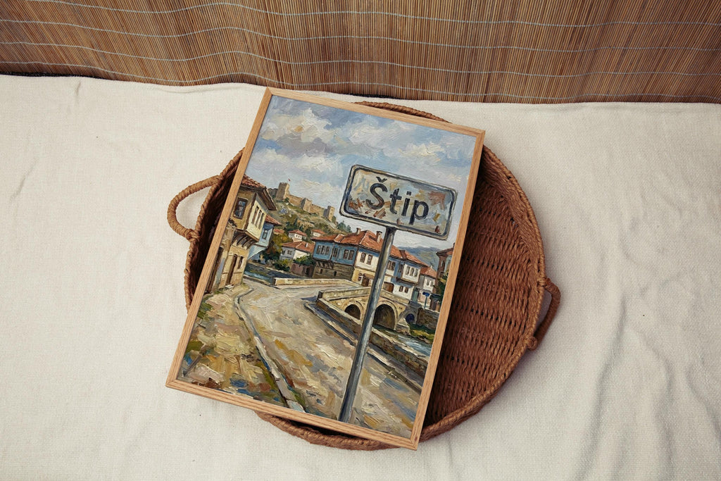 Stip Oil Painting Art Print: North Macedonia Street Sign Travel Poster
