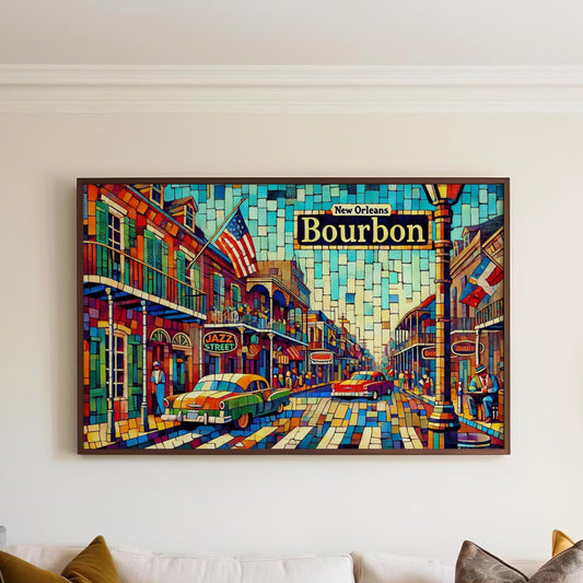 Bourbon Street Wall Art Cubism Print - New Orleans Travel Poster & Housewarming Gift