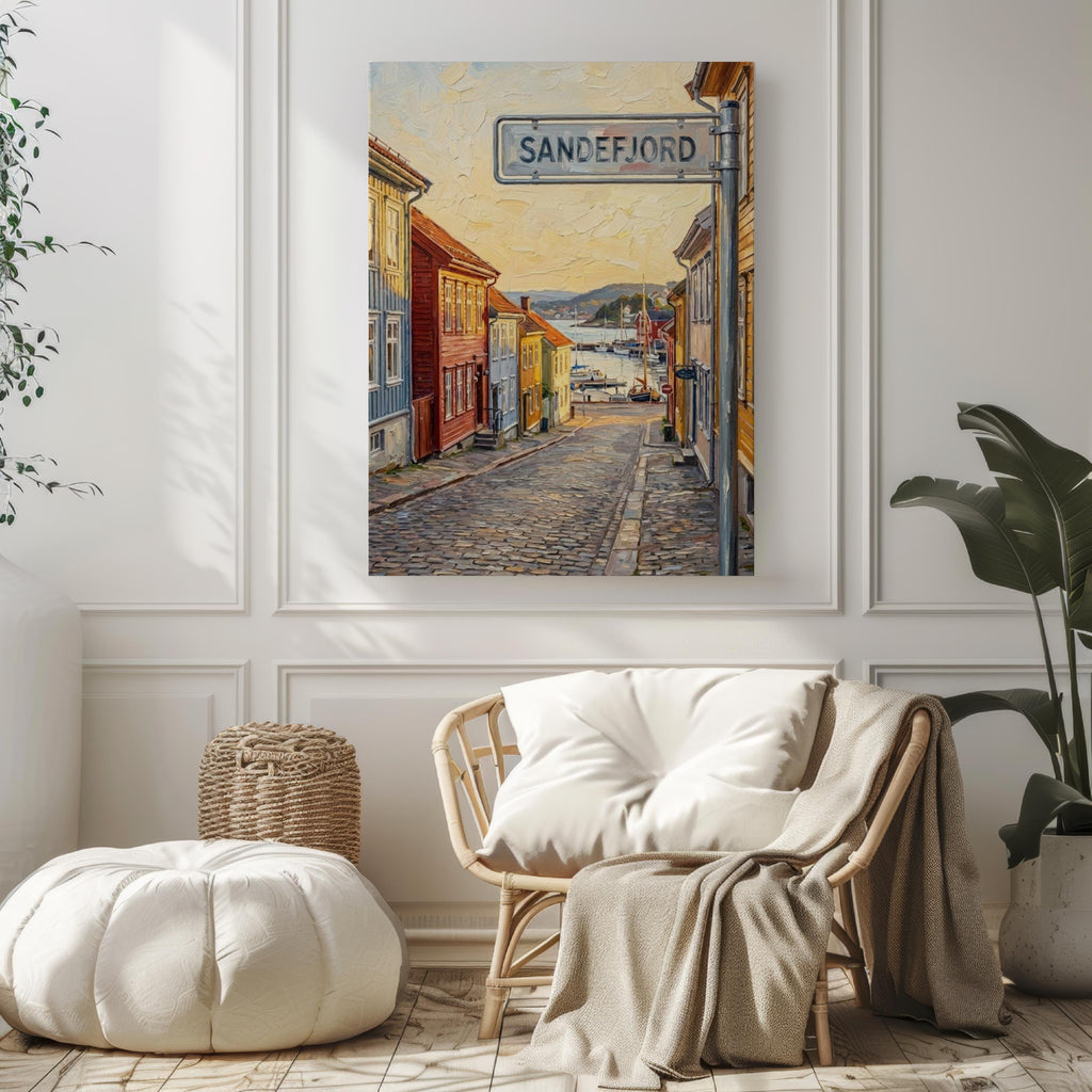 Sandefjord Oil Painting Art Print: Norway Coastal Street Sign Travel Poster