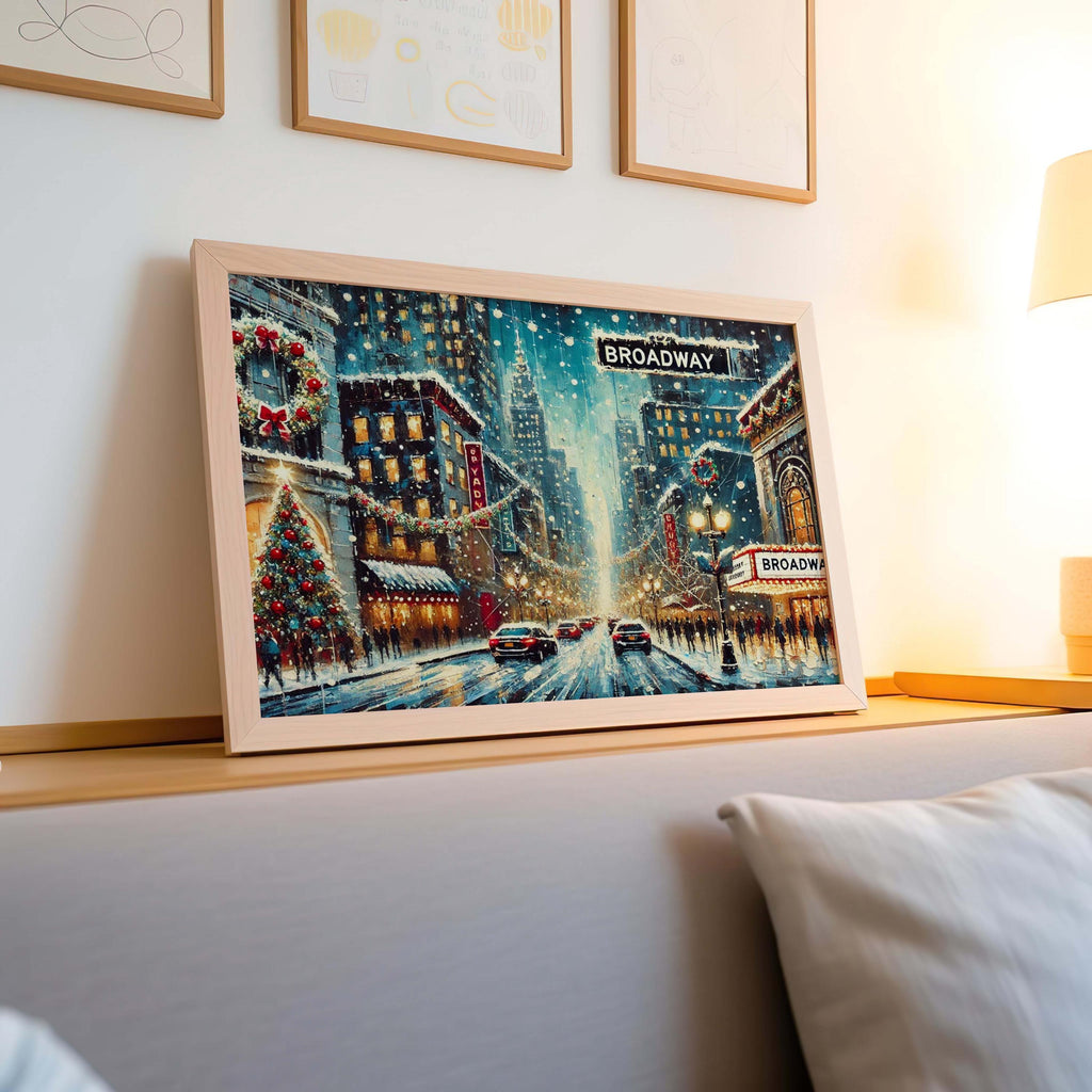 Broadway Christmas Street Scene Art Print – NYC Holiday Decor, Snowy Winter Wall Art