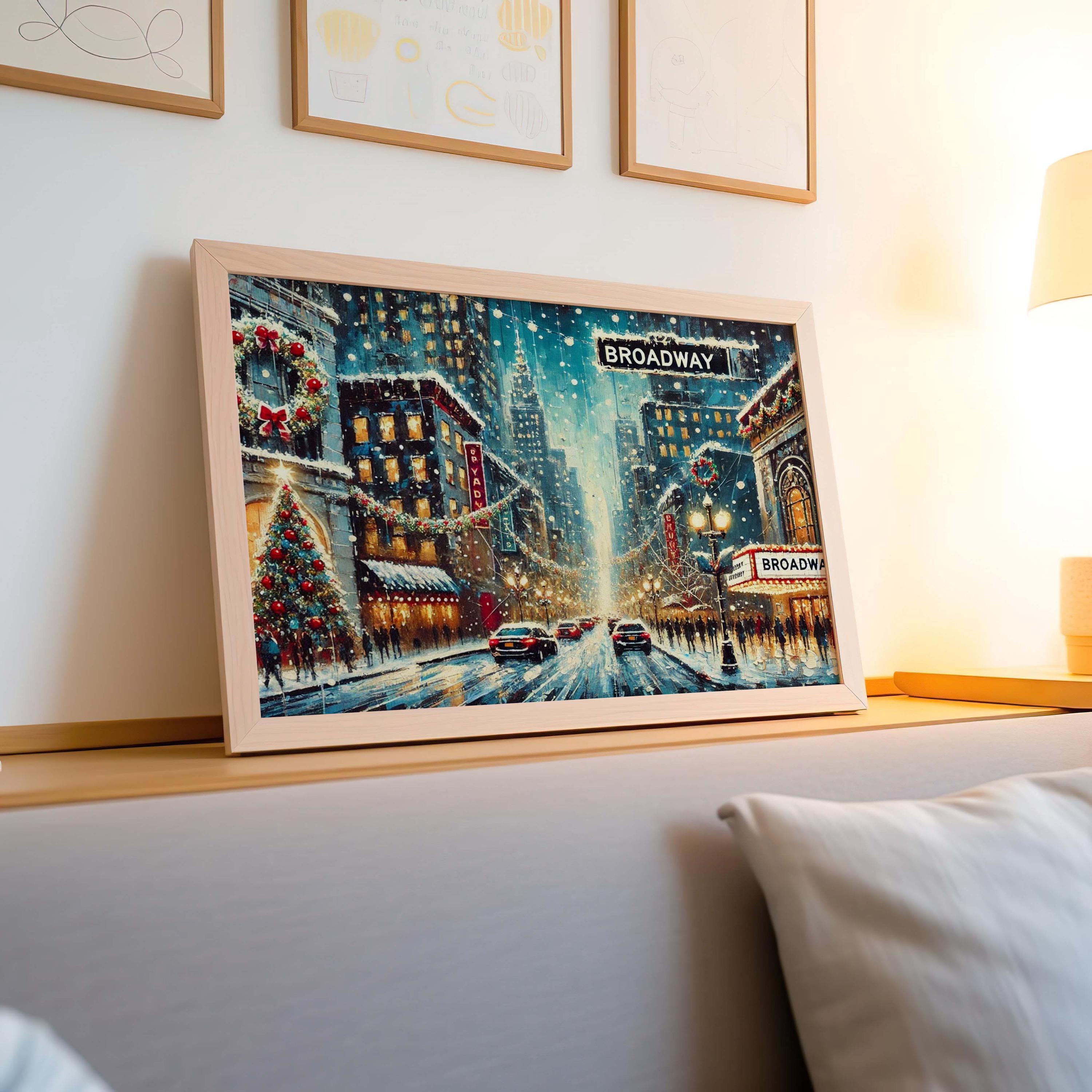 Broadway Christmas Street Scene Art Print – NYC Holiday Decor, Snowy Winter Wall Art
