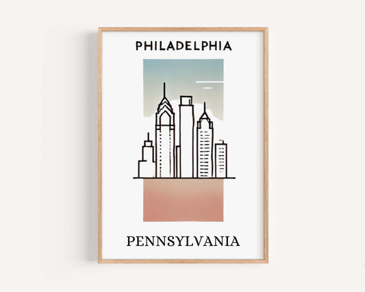 Philadelphia Print Wall Art - Pennsylvania Travel Decor, College Gift, Housewarming, Unique Home Accent, Philly Cityscape Illustration