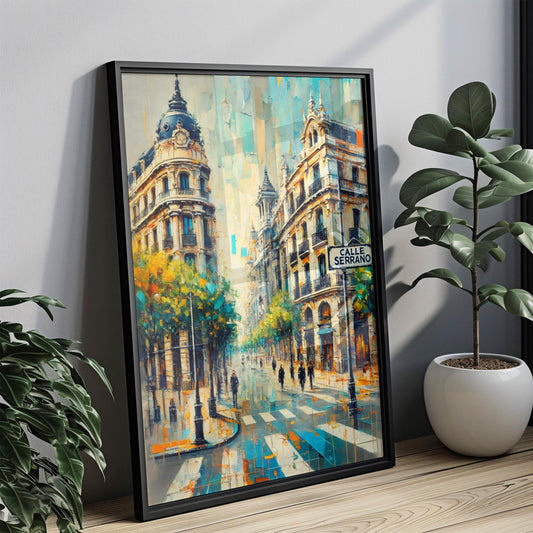 Spain art, Calle Serrano wall art, Madrid print, travel souvenir, cityscape artwork, upscale shopping district, vibrant Madrid wall decor