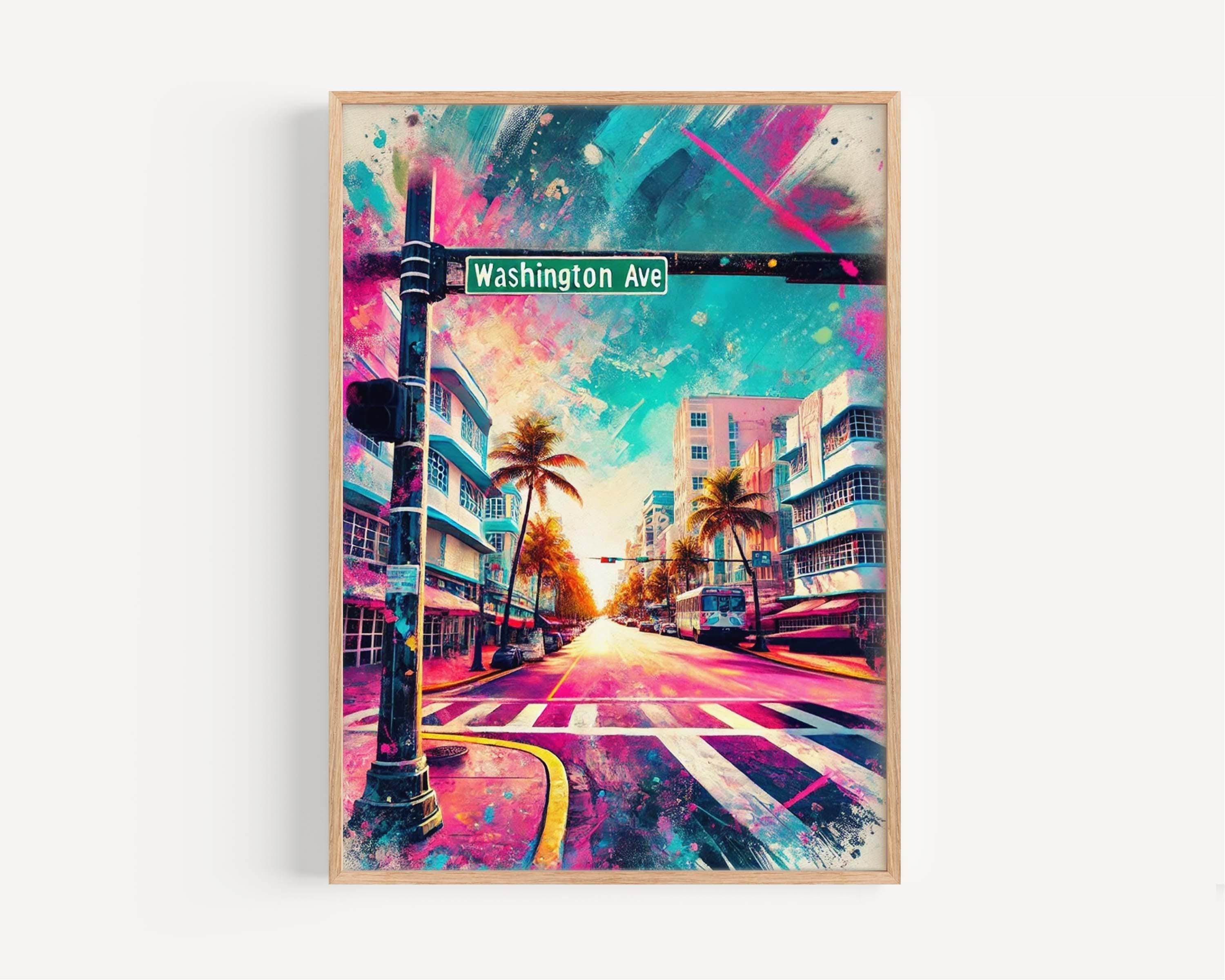Washington Avenue Wall Art Miami Beach Print Florida Travel Poster Housewarming Gift Coastal Wall Decor