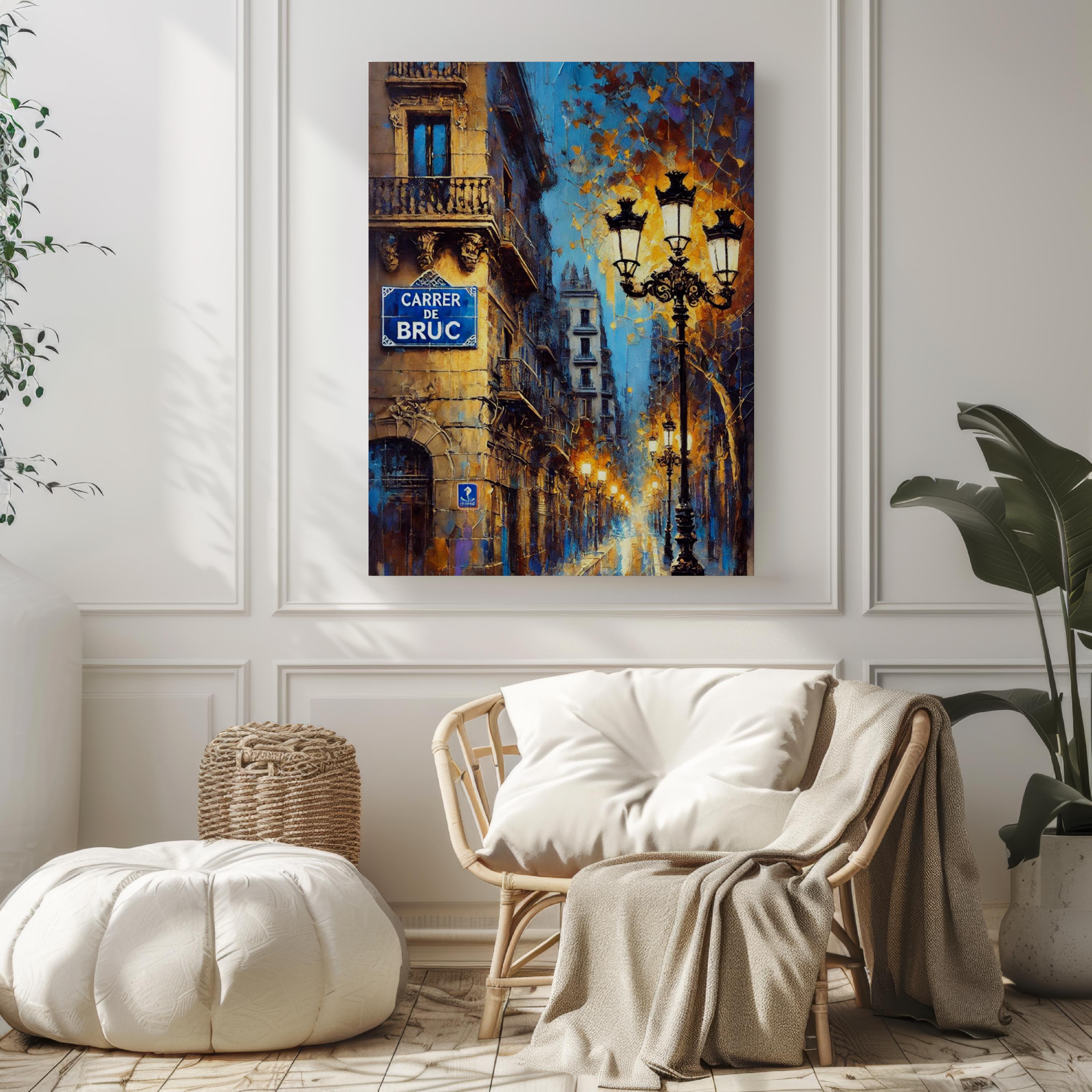 Carrer de Bruc Oil Painting Art Print: Barcelona Spain Street Sign Travel Poster