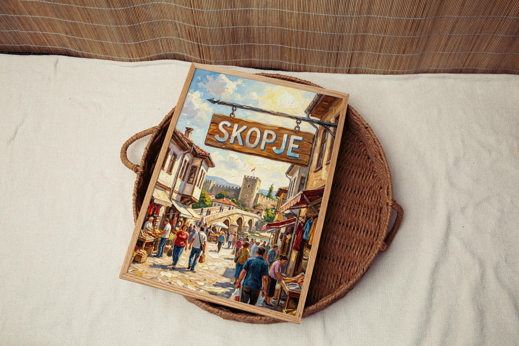 Skopje Oil Painting Art Print: North Macedonia Street Sign Travel Poster