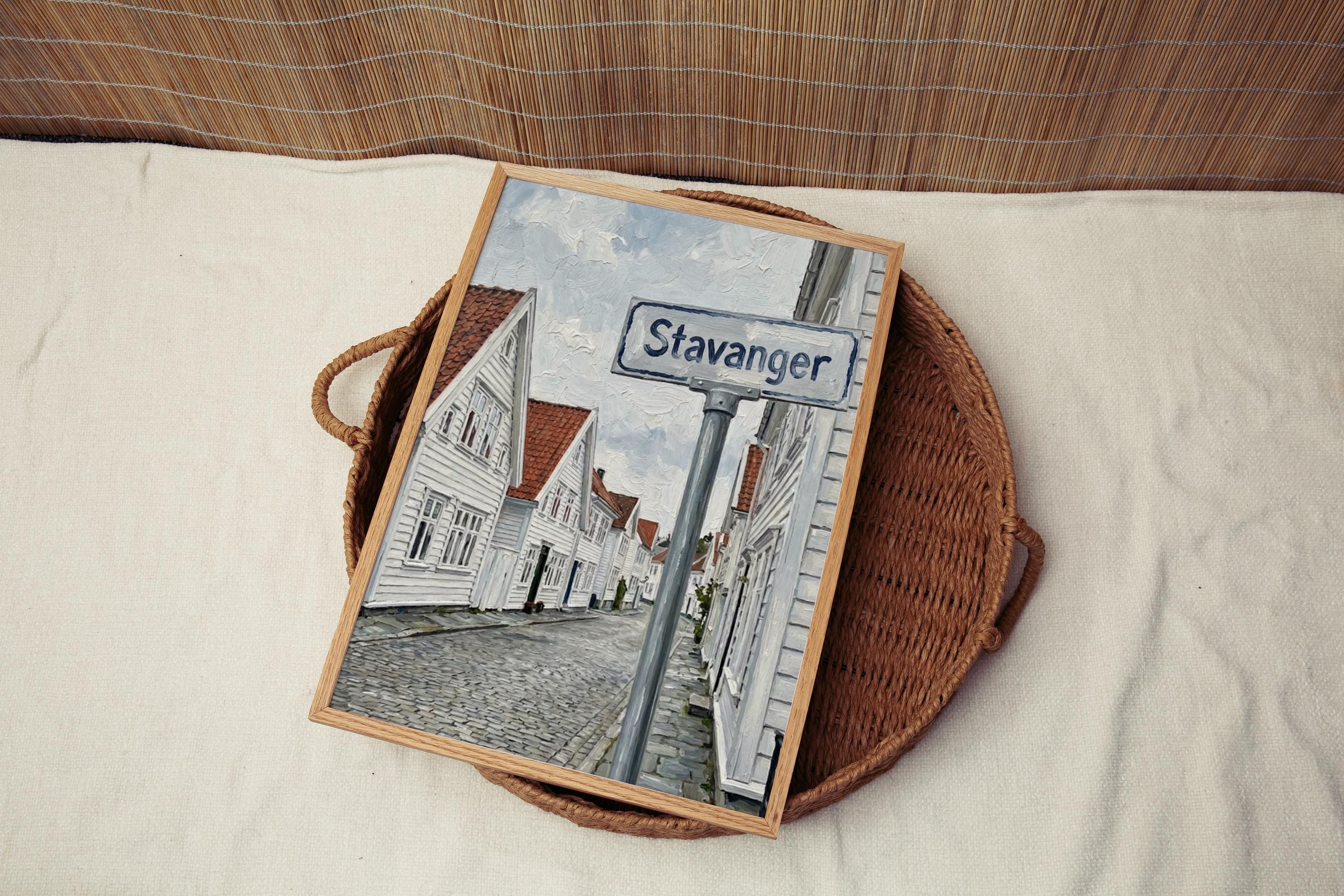 Stavanger Oil Painting Art Print: Norway Coastal Street Sign Travel Poster