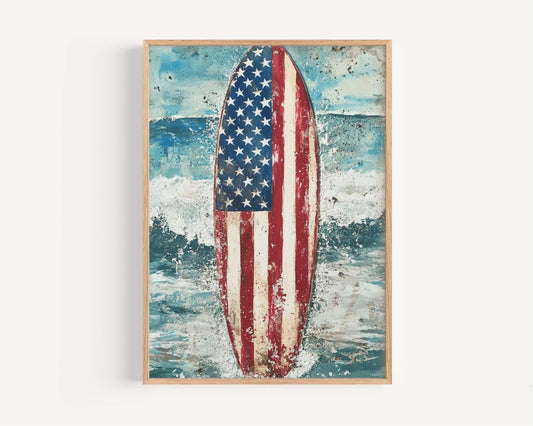 Surfing Artwork USA Wall Art Patriotic Poster Beach House Decor Summer Coastal Print United States Home Decor