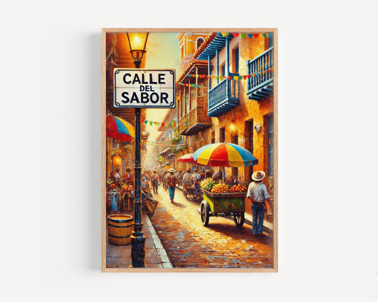 Calle del Sabor Wall Art | Colombia Street Scene Print | Vibrant Town Decor | Travel Souvenir | Colorful Street Life Artwork