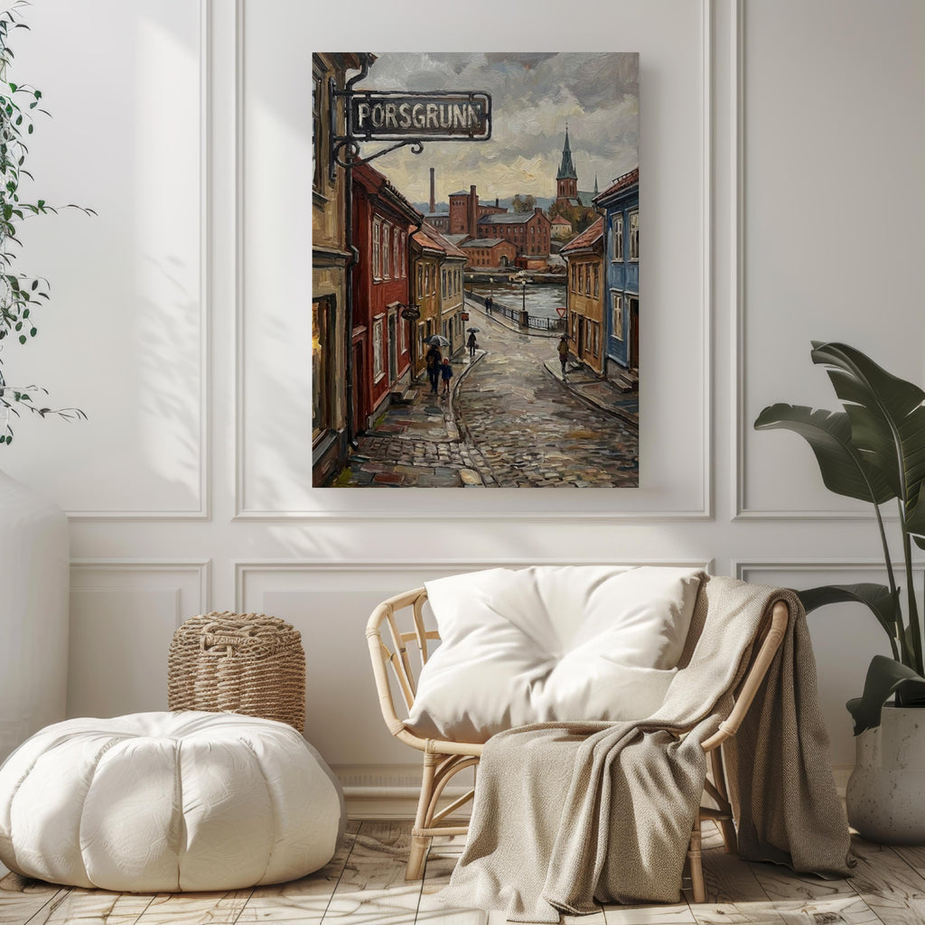 Porsgrunn Oil Painting Art Print: Norway Riverside Street Sign Travel Poster