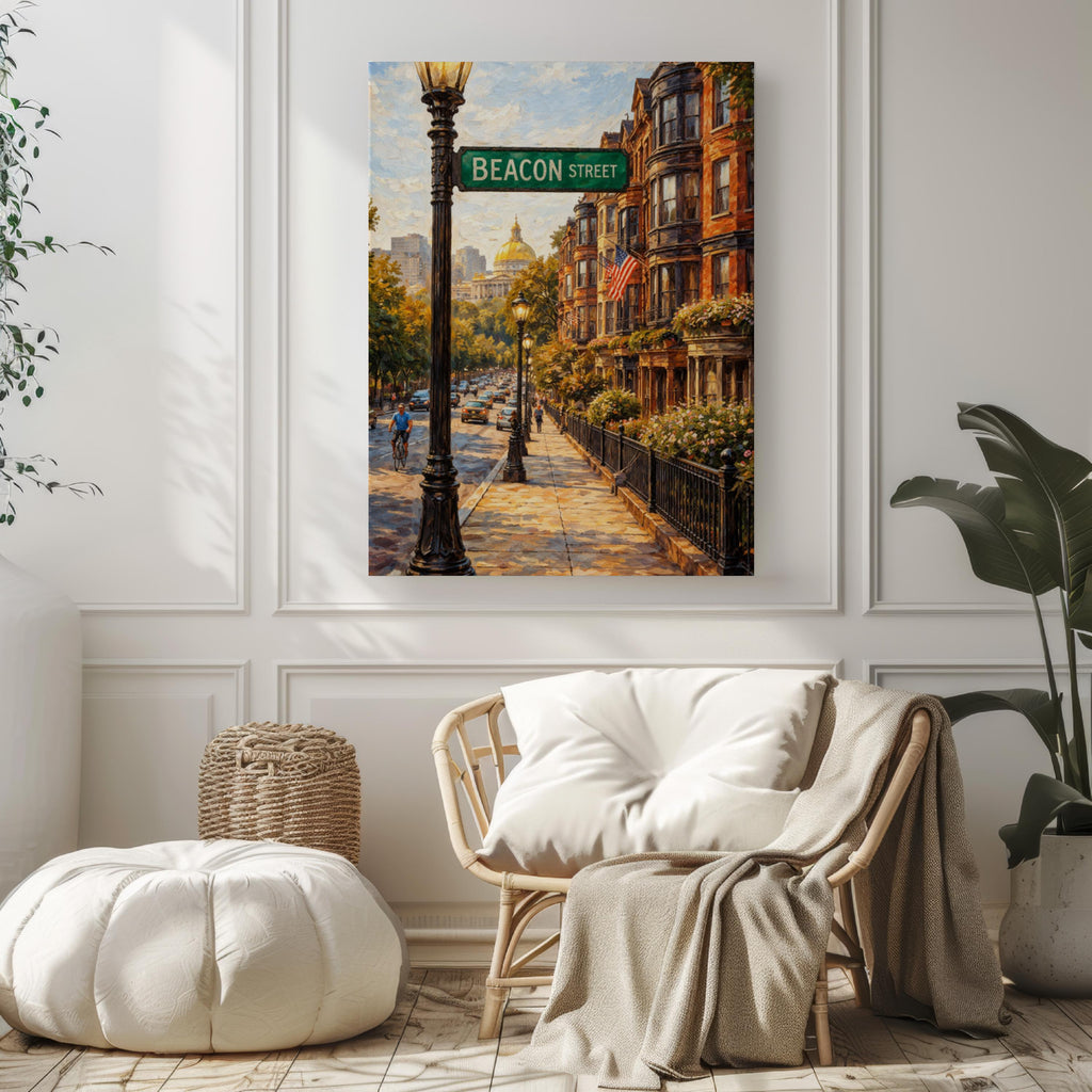 Beacon Street Oil Painting Art Print: Boston Historic Neighborhood Travel Poster