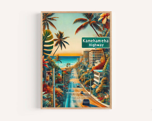 Kamehameha Highway Wall Art - Oahu Travel Print, Hawaii Poster, Honolulu Gift, Coastal Home Decor, Housewarming & Vacation Memory Gift