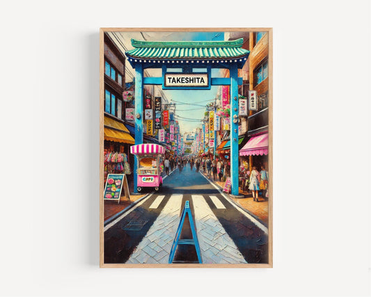Takeshita Street Wall Art, Tokyo Print, Japan Art, Harajuku Scene, Travel Poster, City Gift, Japan Decor, Vibrant Street Sign Artwork
