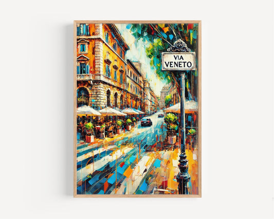 Via Veneto Wall Art Print - Rome Travel Poster, Italy Gift, Italian Decor, Housewarming Present, Vintage Italy Art, Via Veneto Street Print