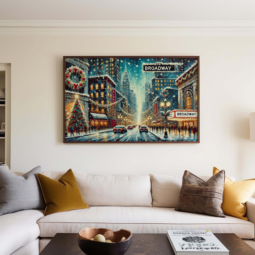Broadway Christmas Street Scene Art Print – NYC Holiday Decor, Snowy Winter Wall Art