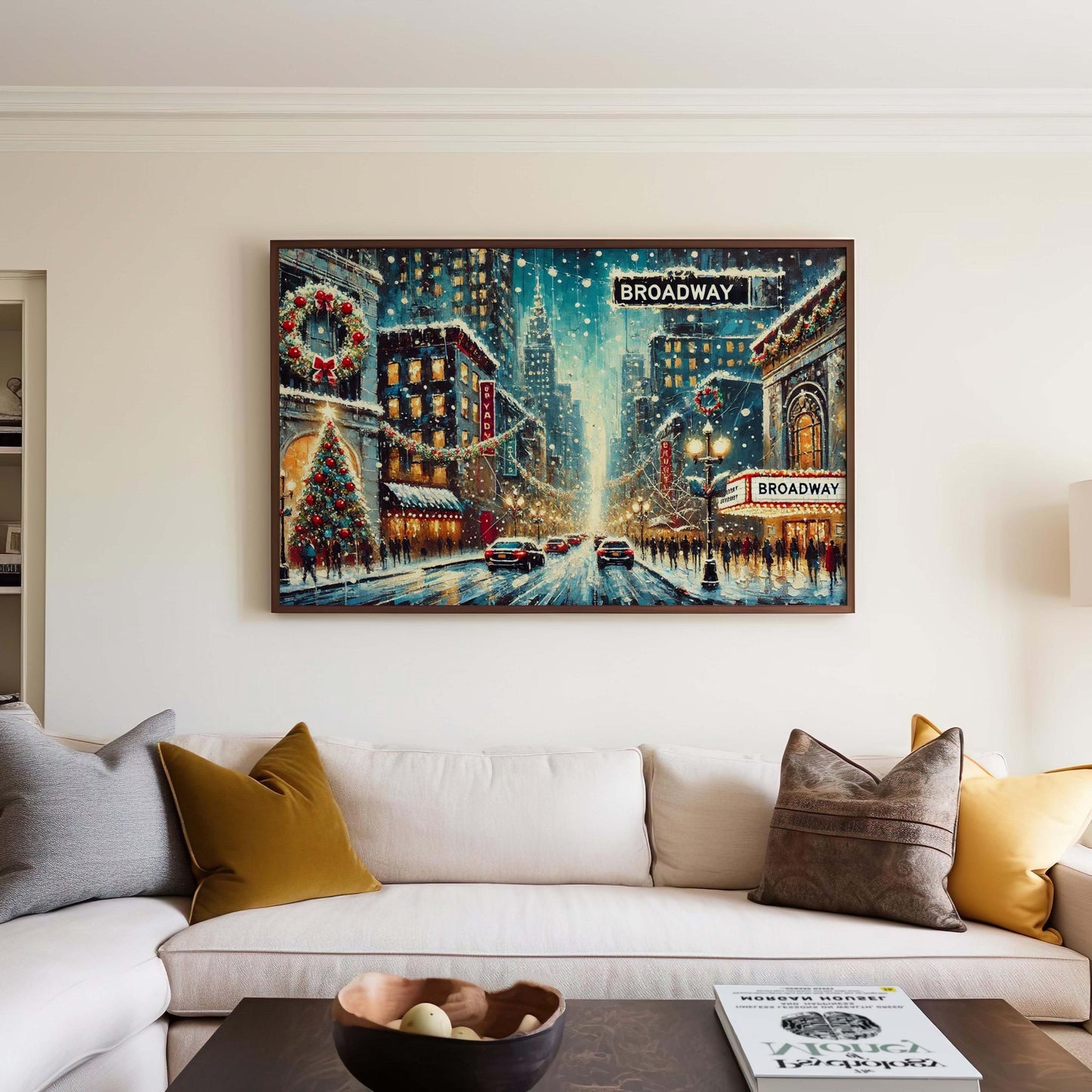 Broadway Christmas Street Scene Art Print – NYC Holiday Decor, Snowy Winter Wall Art