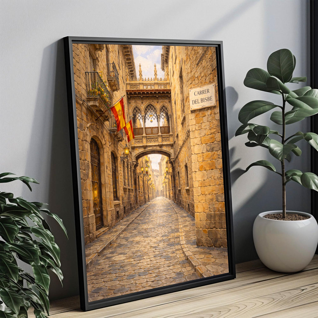 Carrer del Bisbe Street Sign Print: Barcelona Gothic Quarter Travel Poster