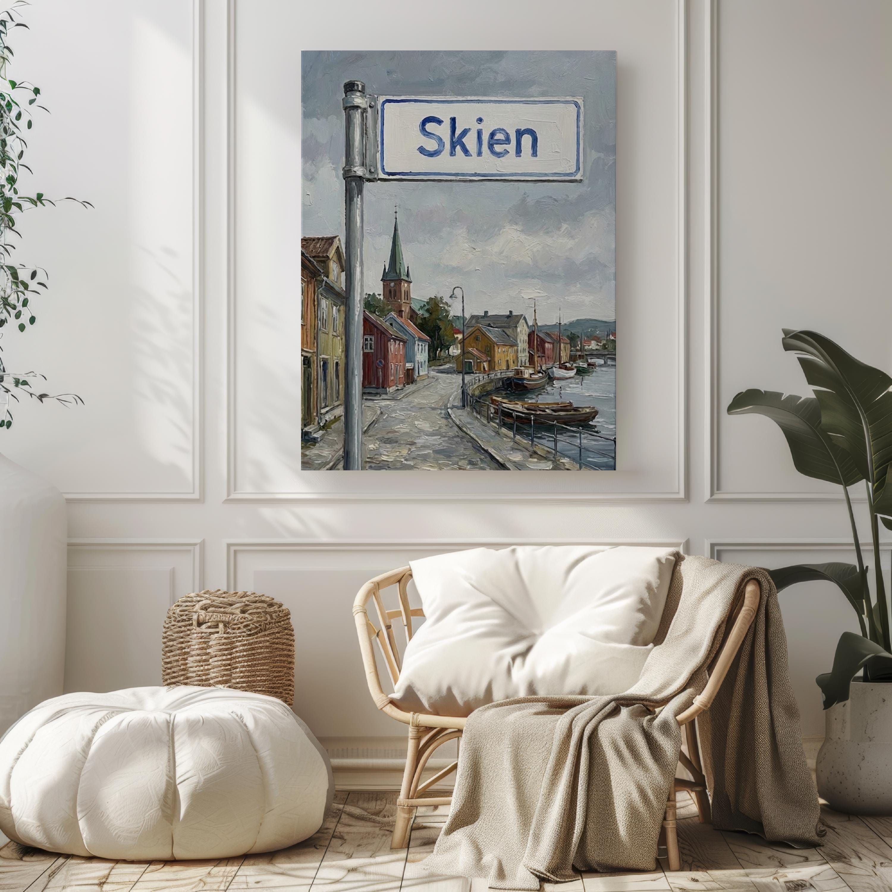 Skien Oil Painting Art Print: Norway Riverside Street Sign Travel Poster