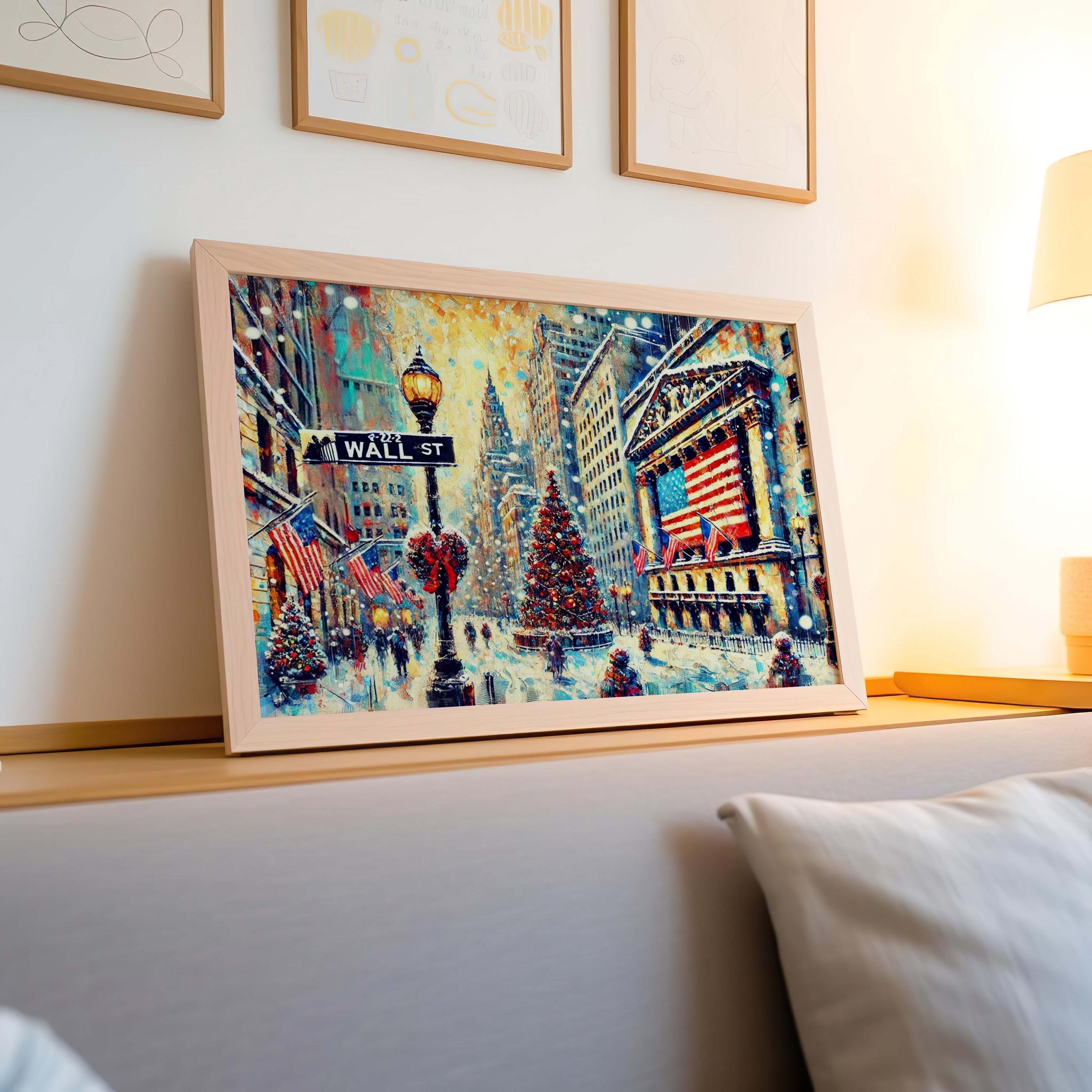 Wall Street Christmas Art Print – NYC Holiday Decor, Winter Financial District Scene