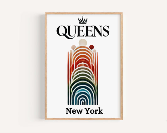 Queens Print Wall Art, New York City Travel Decor, NYC Gift, College Dorm Decor, Housewarming Present, Modern Queens NYC Artwork