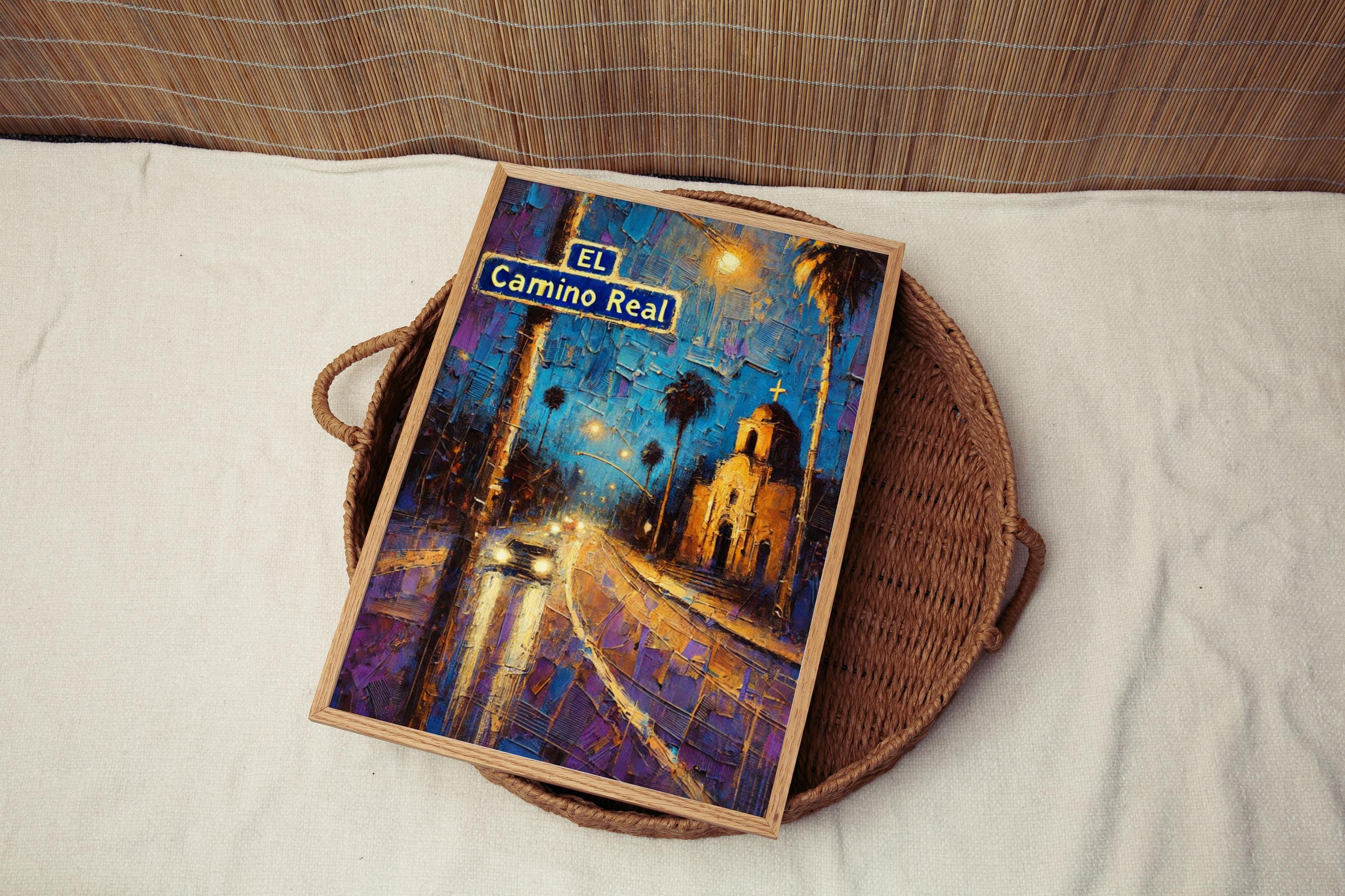 El Camino Real Oil Painting Art Print: California Historic Street Sign Travel Poster