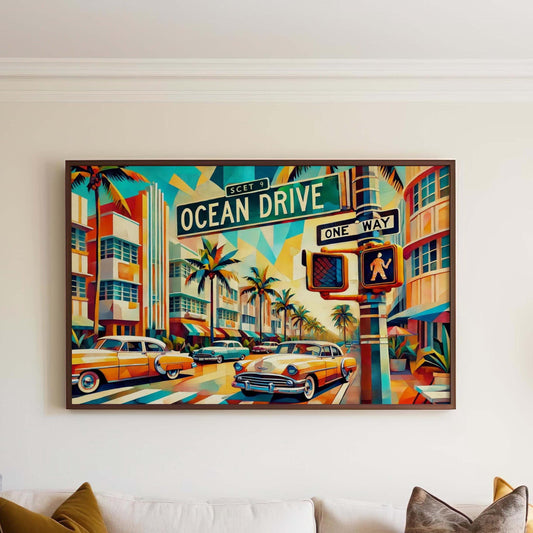 Travel Poster Ocean Drive Cubism Print - Miami Travel Art, Modern Wall Decor, Housewarming Gift, Stylish Beachroom Artwork