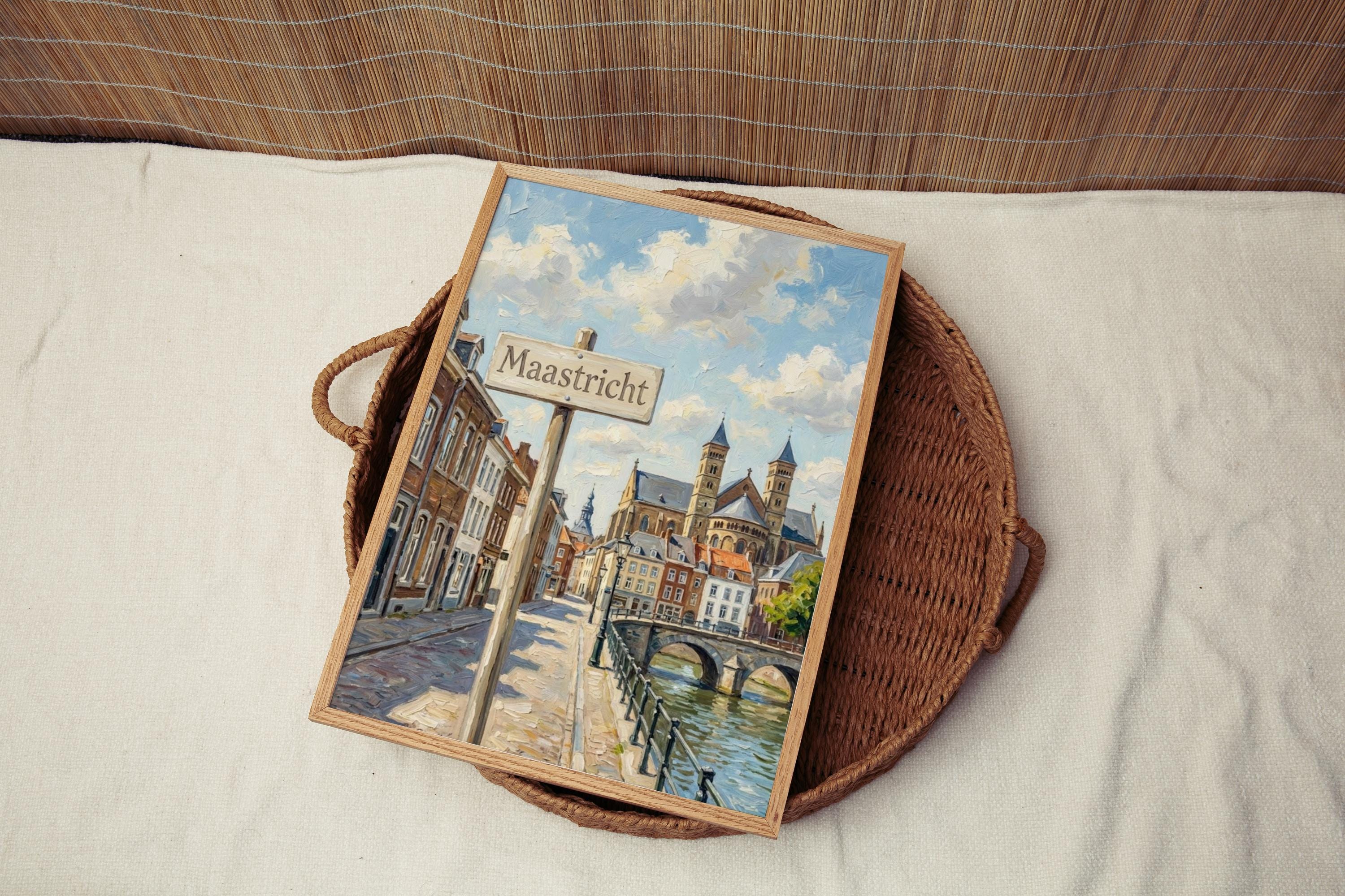 Maastricht Oil Painting Art Print: Netherlands Street Sign Travel Poster